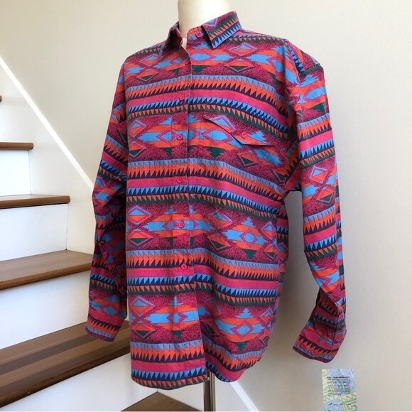 Wrangler Shirt Womens XL Pink Blue 90s Southwestern Western Aztec Vintage New - Picture 10 of 16